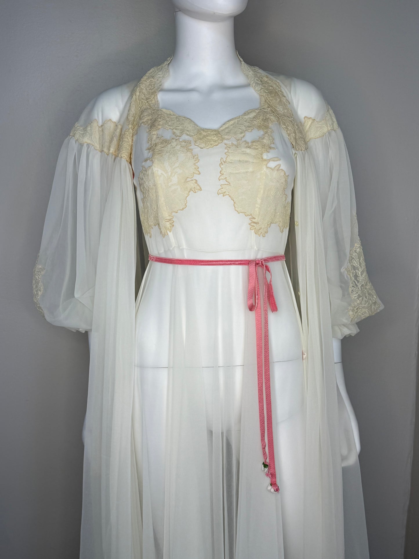 1950s Full Length Peignoir Set with Full Sweep, Sheer Off White Nylon with Cream Lace and Pink Ribbon, Yolande Size 32, XS, Night Gown and Robe, Bridal Lingerie