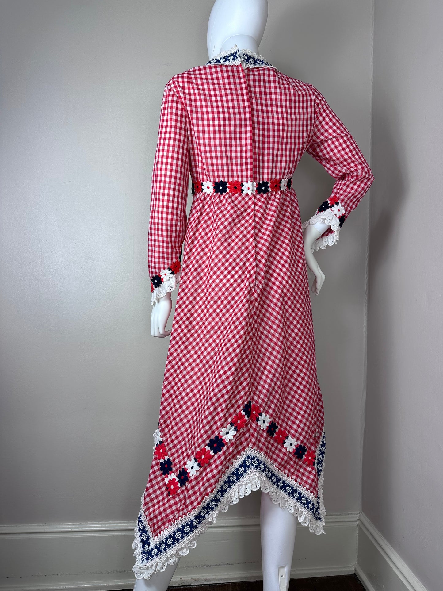 1970s Red Gingham Handkerchief Hem Dress, Eloise Curtis for Happenstance Size Small