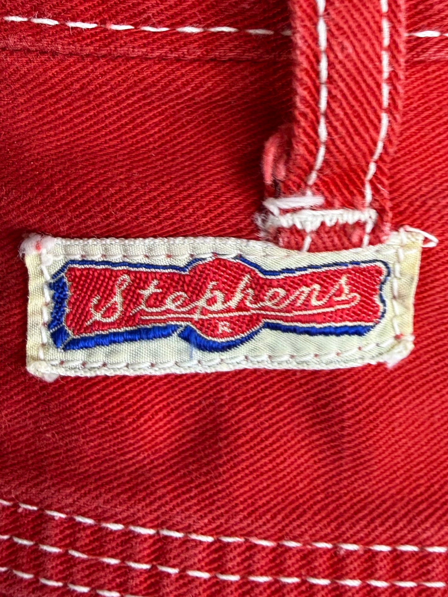 1950s Side Zip Red Denim Pedal Pushers, Cropped Dungarees, Stephens Size XXS, 23.5"x16"