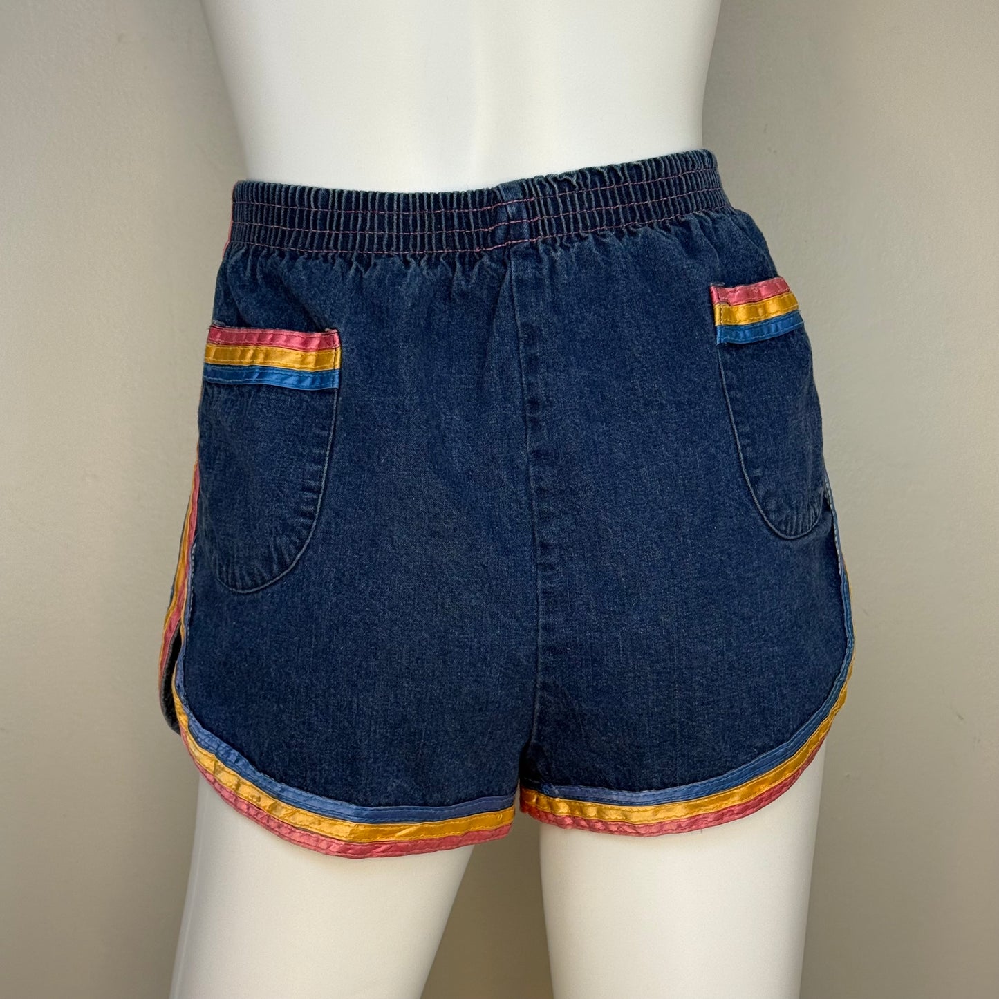 1970s High Waisted Denim Shorts with Rainbow Ribbon Trim, Happy Legs Size XS