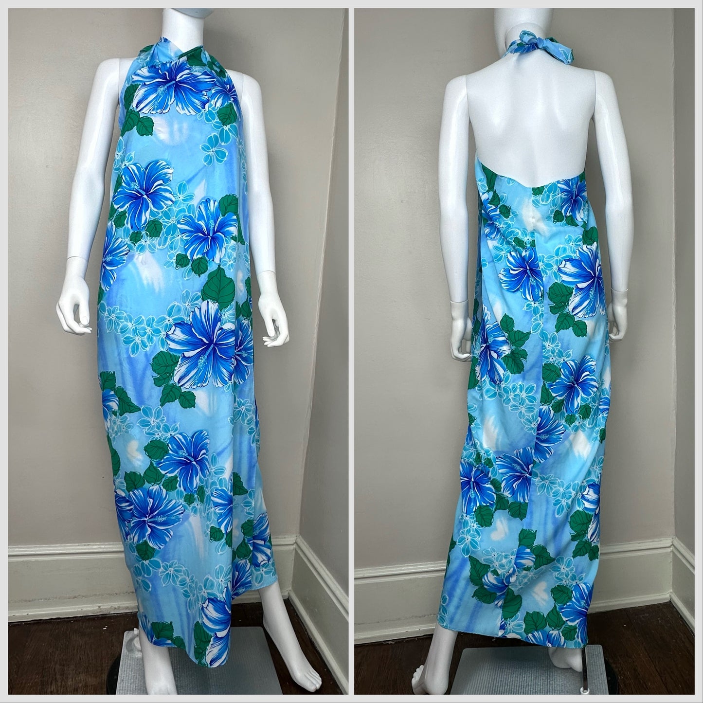 1970s Hawaiian Halter Wrap Maxi Dress, Maxi Skirt, Tropical Blue Floral