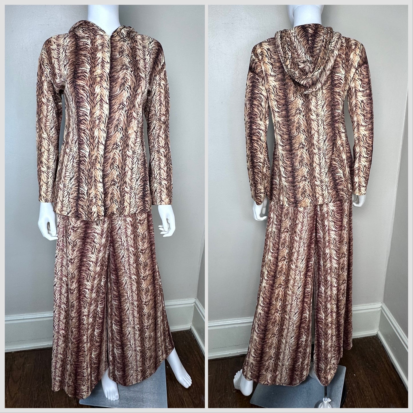 1970s Tiger Print Hooded Top and Palazzo Pants Set, Herman Marcus Dallas Size Small, Animal Print Loungewear Suit