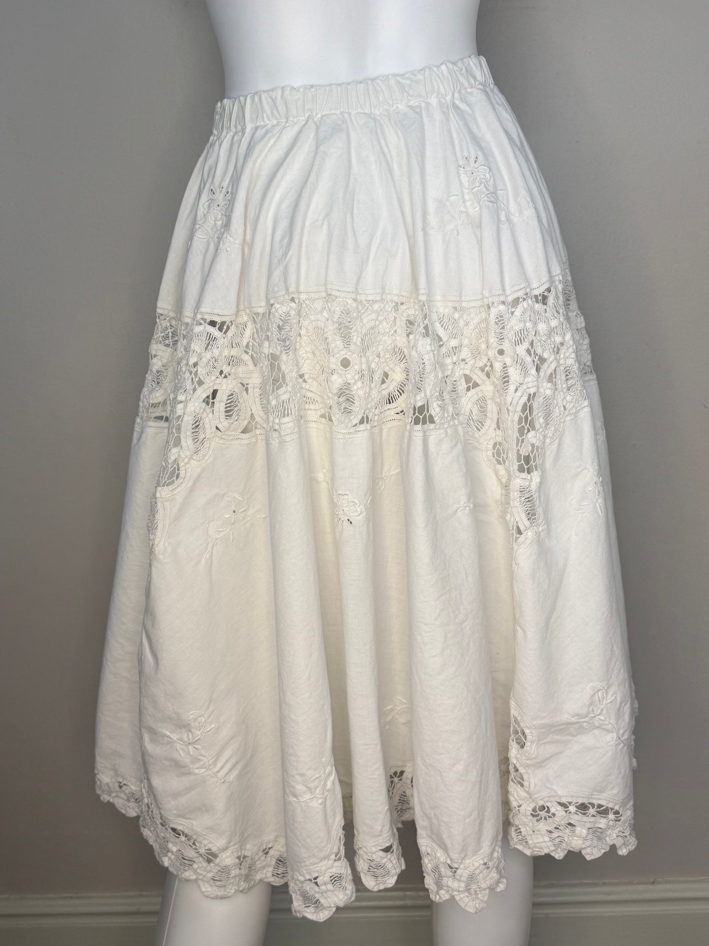 1980s Upcycled Tablecloth Circle Skirt, White Cotton Lace, Handmade Size XS/S