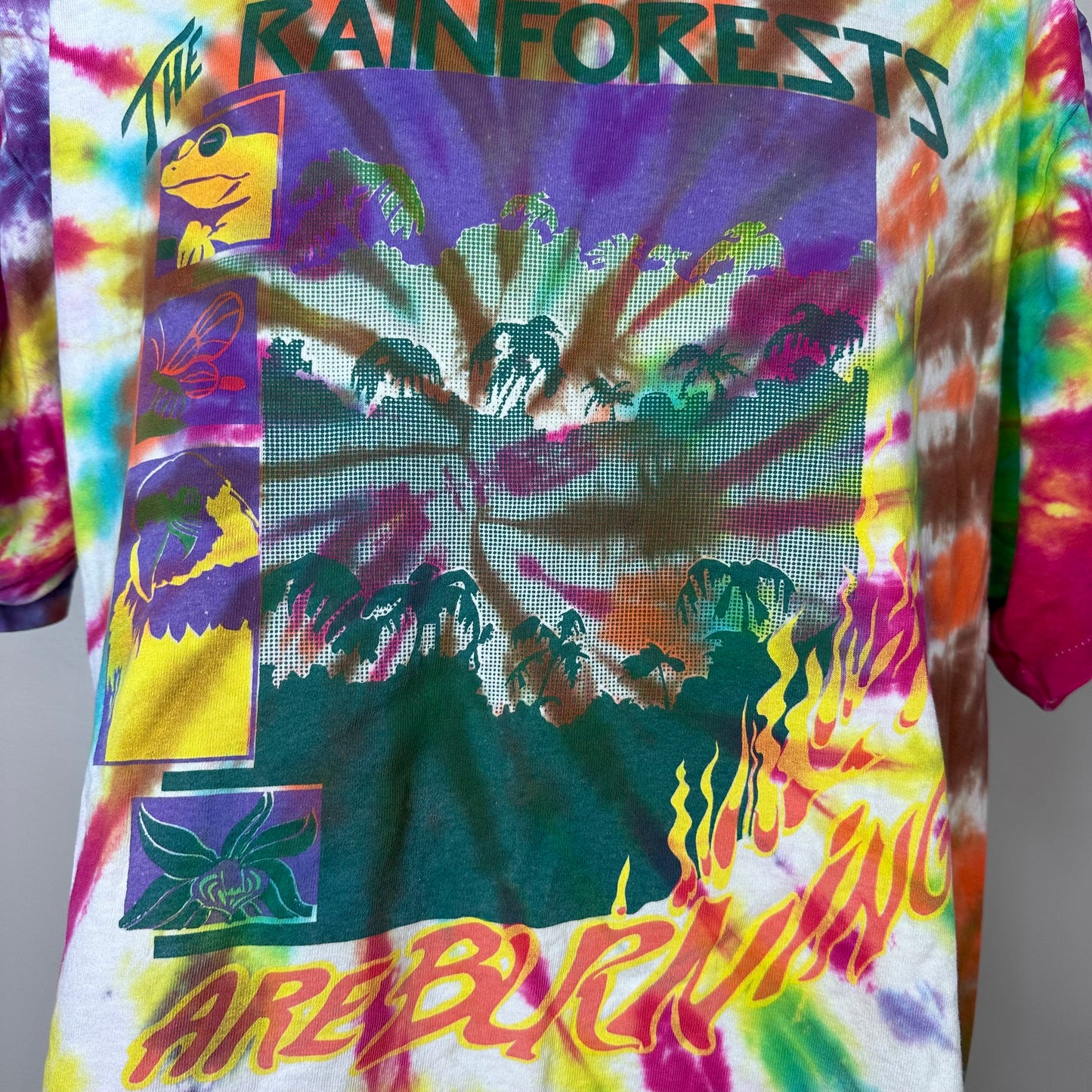 1990s The Rainforests are Burning Tie Dye T-Shirt, Lee Size XL