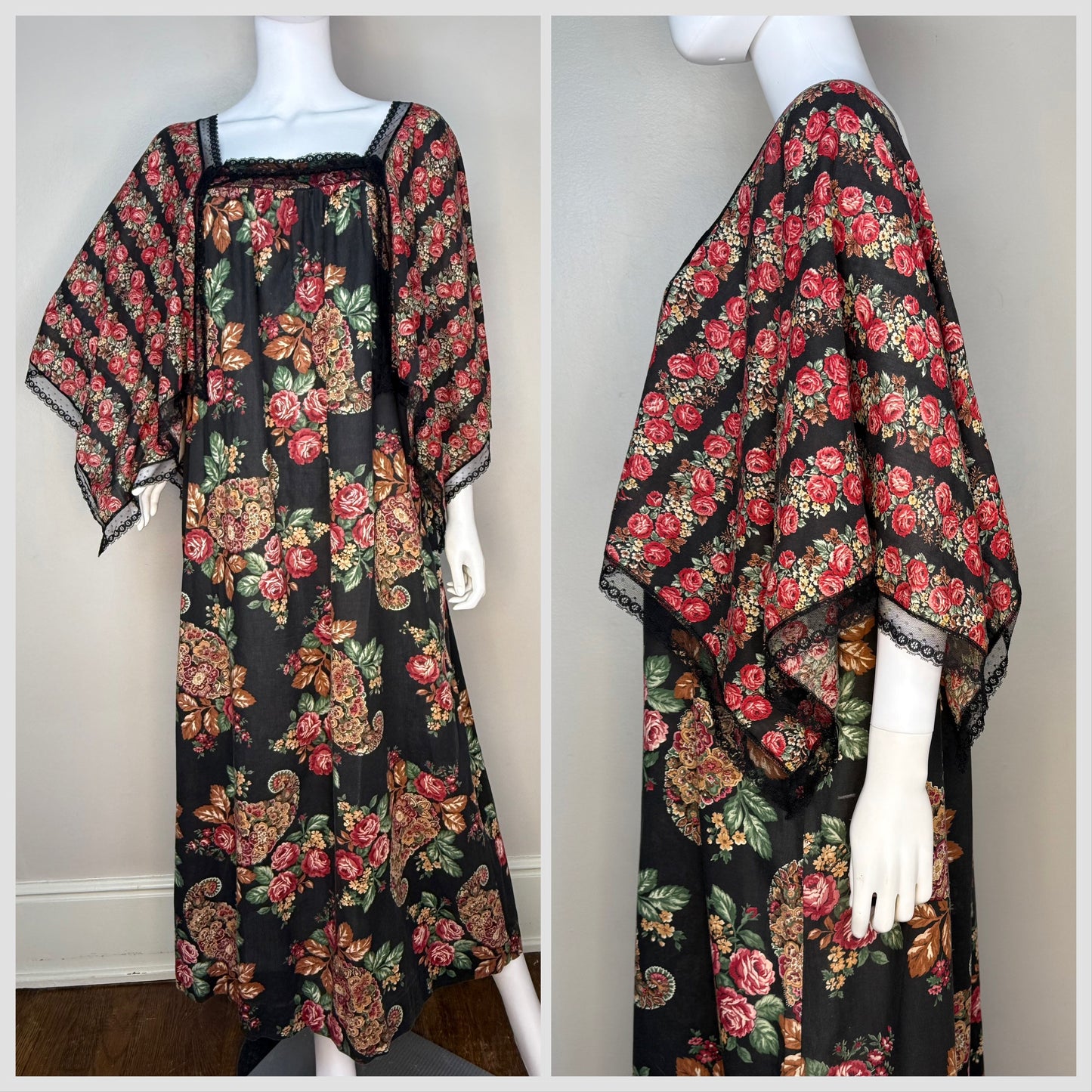 1970s Black Rose Caftan Dress with Wide Scarf Sleeves, Dutchmaid Size Large