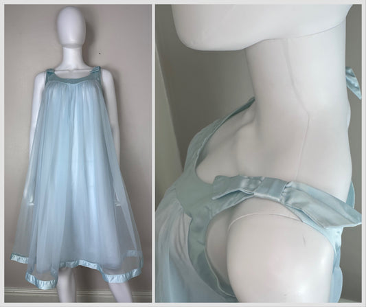 1950s/1960s Pastel Blue Sheer Nylon Nightgown, Size Medium/Large