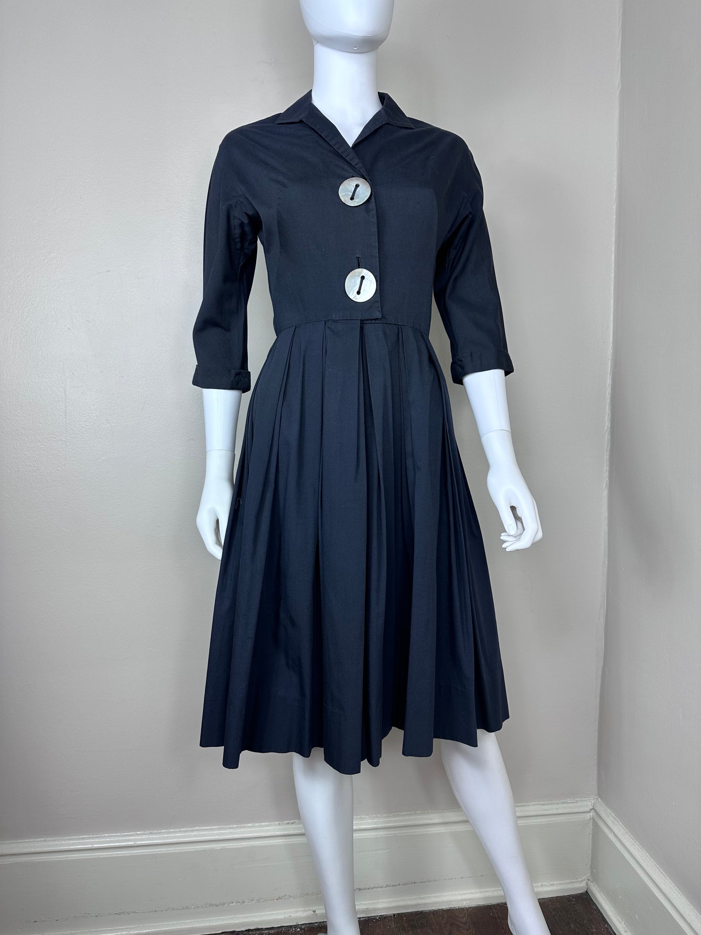 1950s Black Fit and Flare Shirt Dress with Giant Buttons, L’Aiglon Size XS