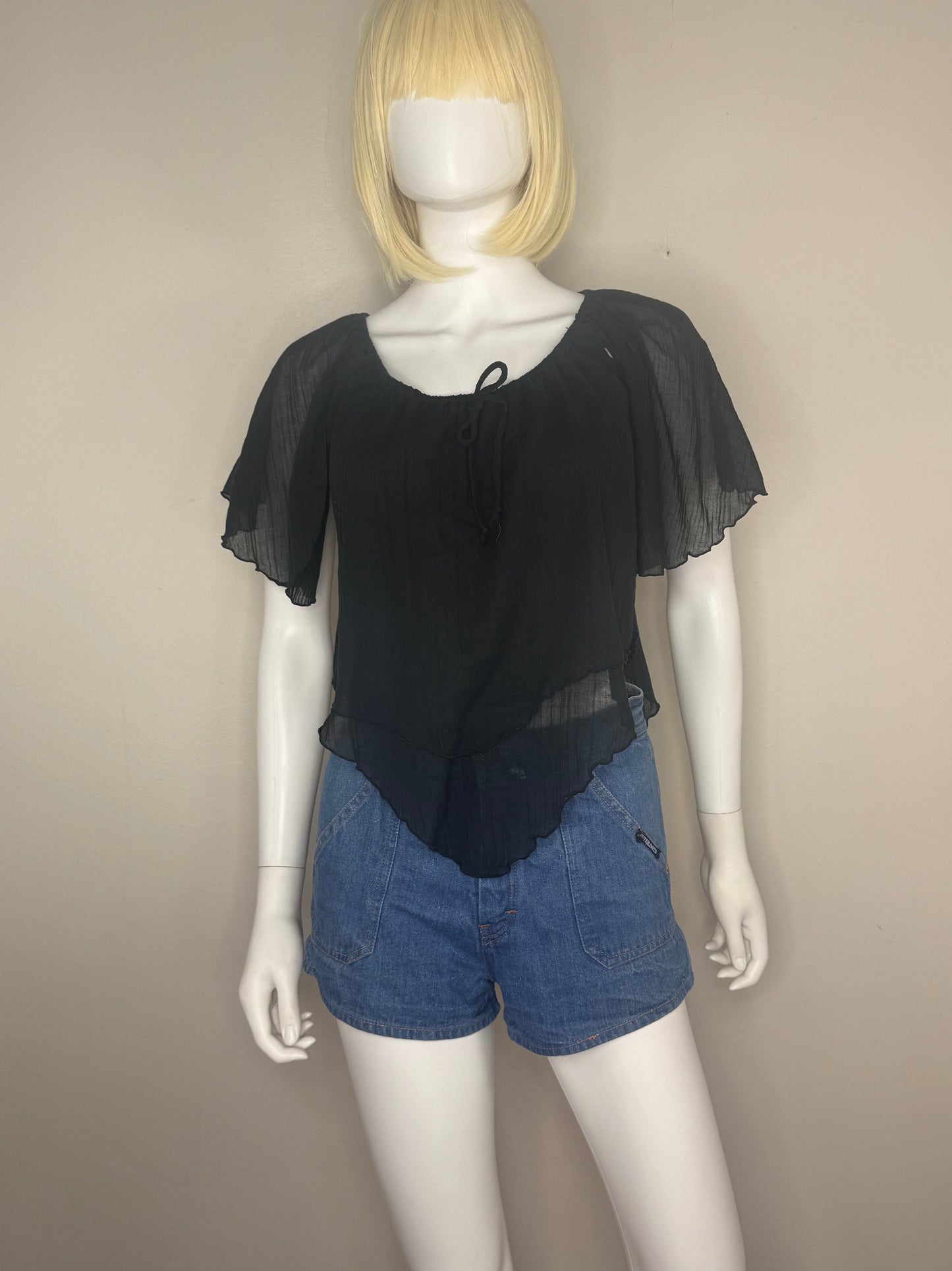 1970s Sheer Black Boho Top, Byer California Size Medium, Handkerchief Hem