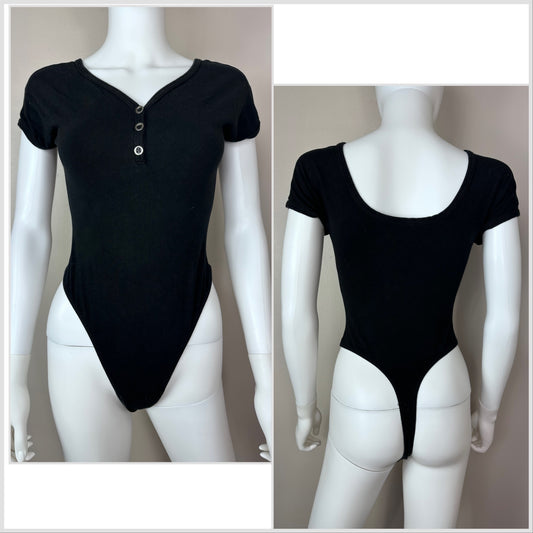 1990s/Y2K Black Bodysuit Thong, Danskin Leotard Size XS-Small