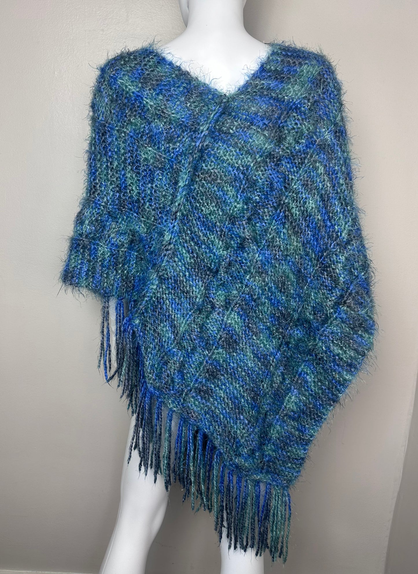 Vintage Blue and Green Space Dye Shawl, Handmade, One Size, Poncho, Cape