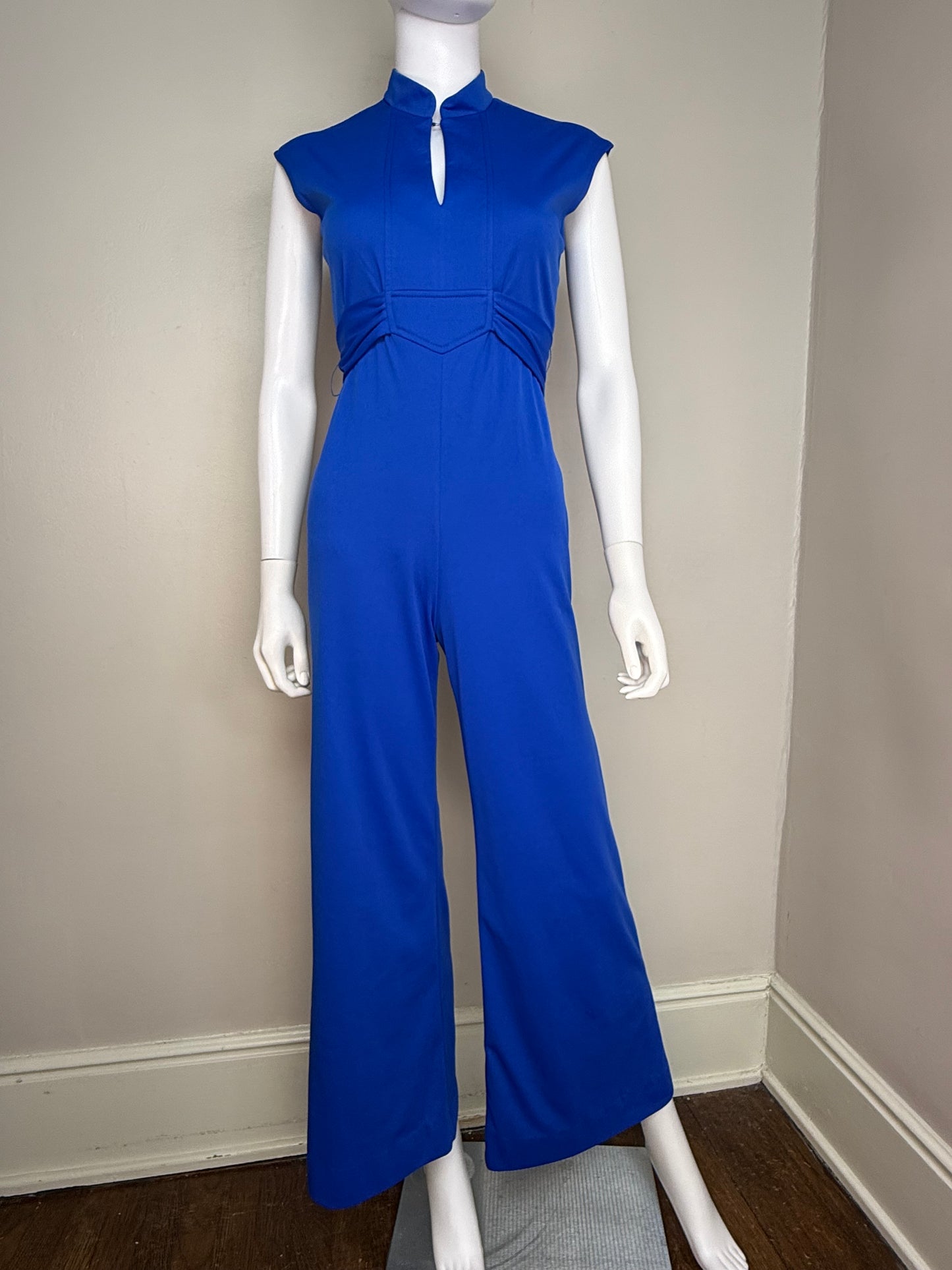 1970s Royal Blue Sleeveless Bell-Bottom Knit Jumpsuit, Jerell of Texas Size Small Petite