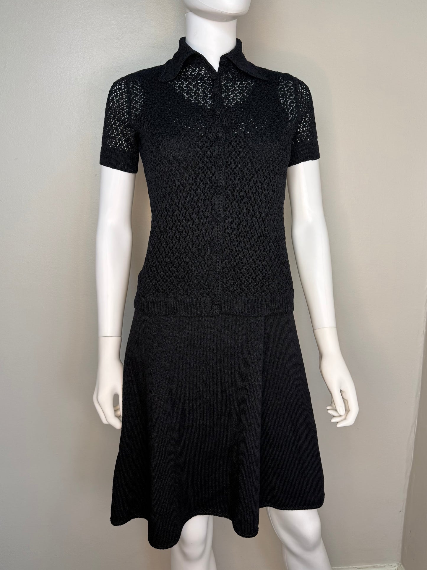 1960s/70s St John Knits Black Sleeveless Sweater Dress and Matching Short Sleeve Cardigan, Size X-Small