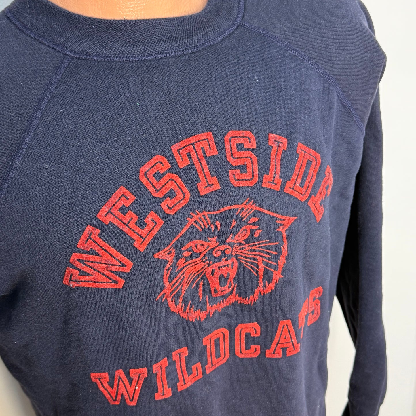 1950s Westside Wildcats Sweatshirt, Navy Blue with Red Flocked Cat, Champion Knitwear Size Medium-Large, Running Man