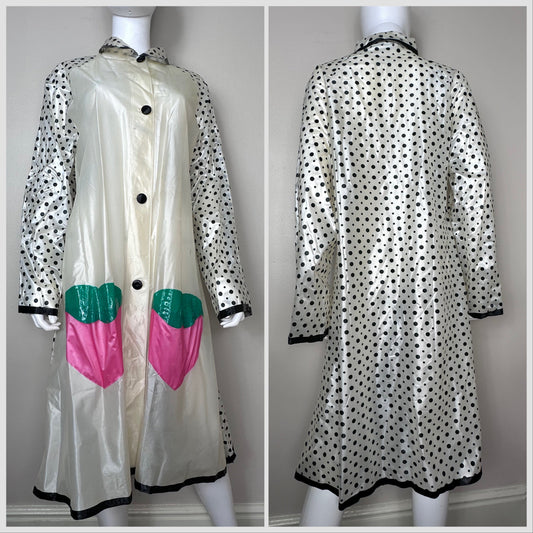 1970s Polka Dot Raincoat with Strawberry Pockets, Size Medium
