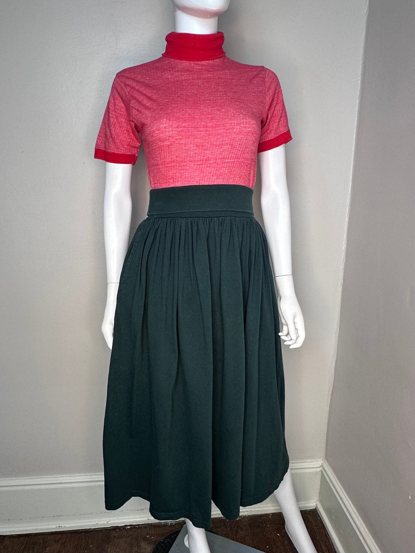 1980s/90s Green Knit Skirt, Full Midi Length, Fold Down Waist, Outback Red Size S/M