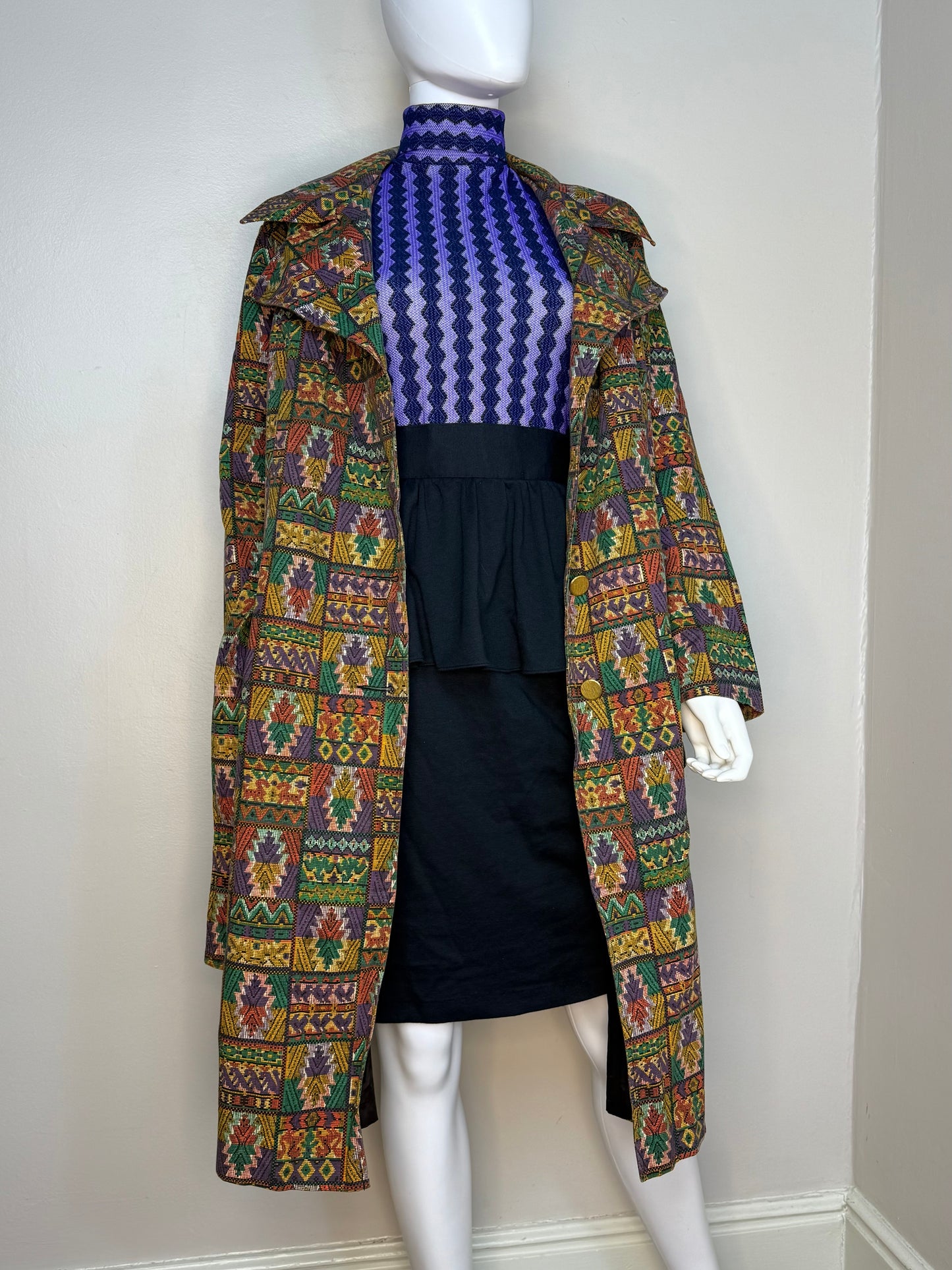 1970s Colorful Aztec Print Trench Coat, Sears Size Large-XL