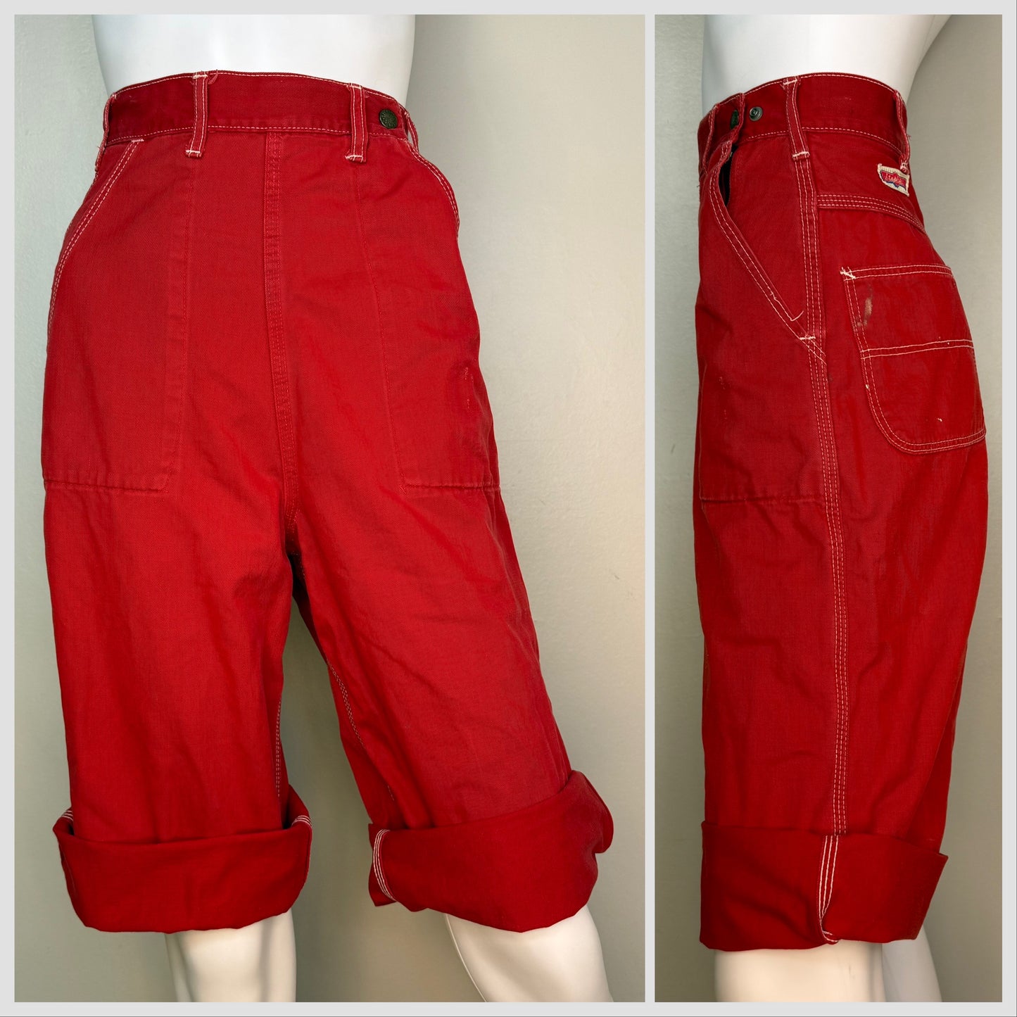 1950s Side Zip Red Denim Pedal Pushers, Cropped Dungarees, Stephens Size XXS, 23.5"x16"
