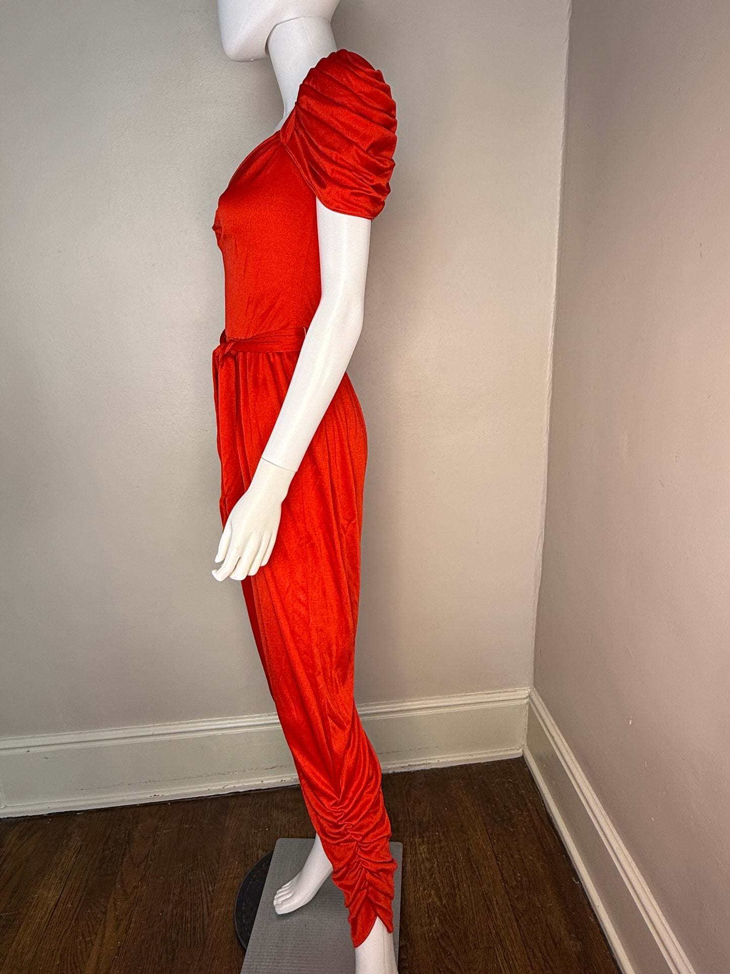 1970s/80s Red Disco Jumpsuit, Size XS/Small, Shiny, Ruching, Open Back