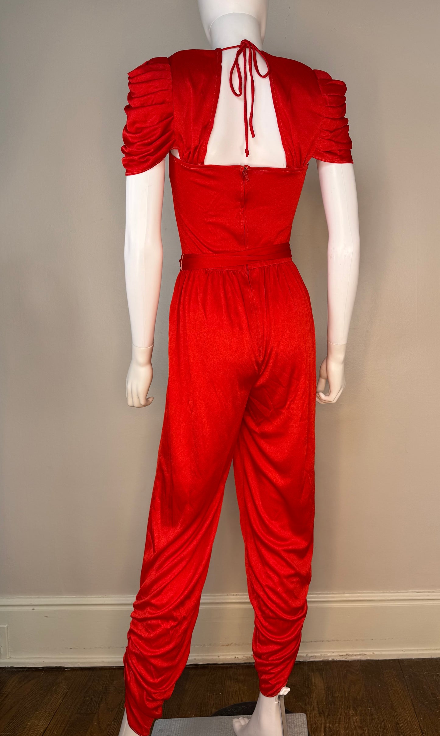 1970s/80s Red Disco Jumpsuit, Size XS/Small, Shiny, Ruching, Open Back