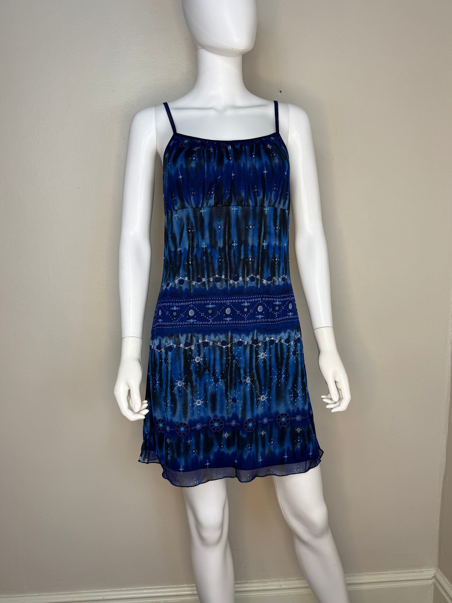 1990s/Y2K Blue Knit Mesh Sleeveless Mini Dress, Byer Too Size Small/Medium, Glitter Accents