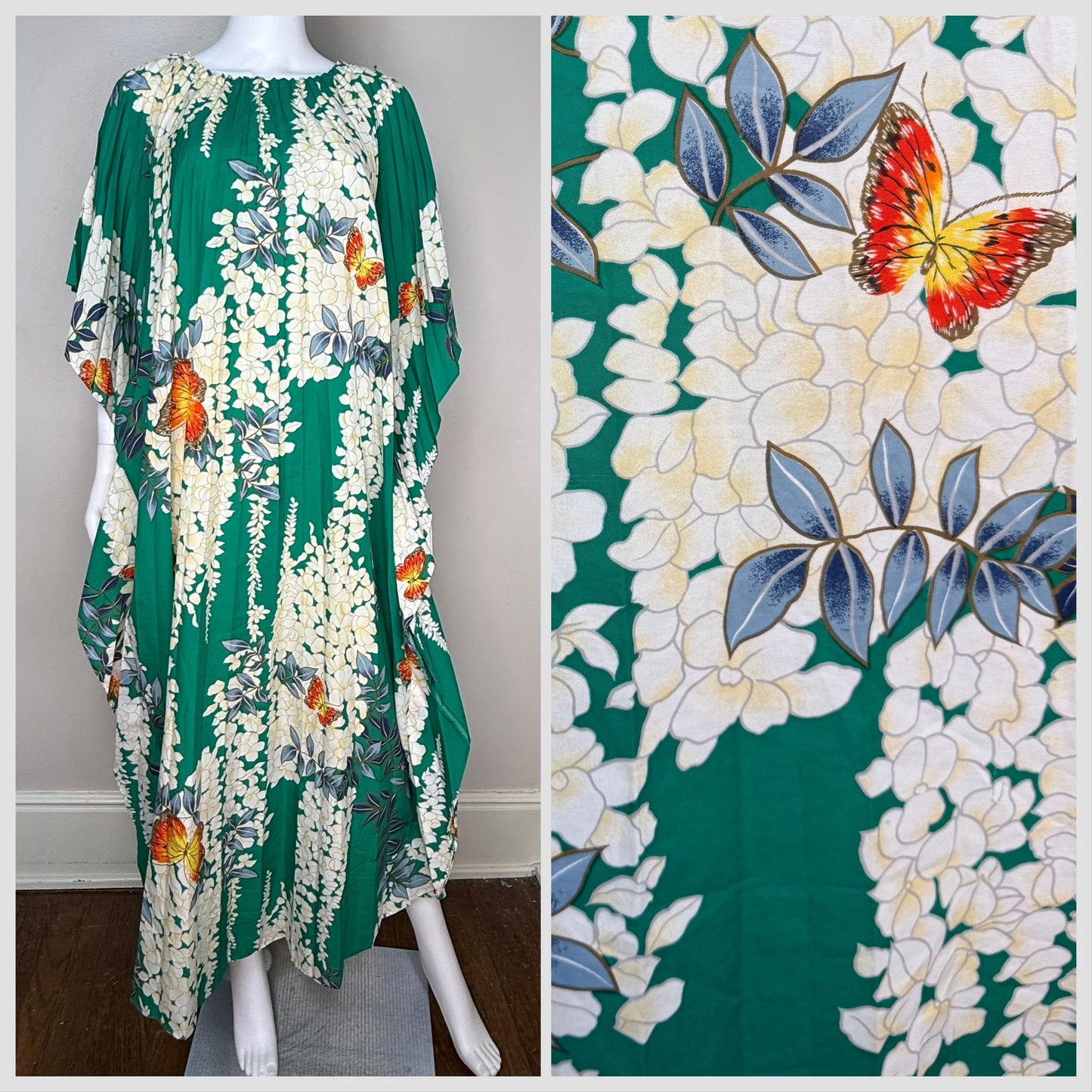1970s Hawaiian Floral and Butterfly Caftan, Accordion Pleat, Open Sizing