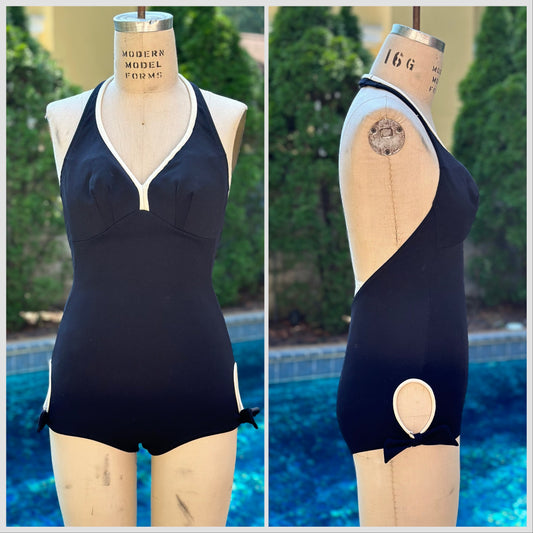 1960s/70s Black Halter Swimsuit with Cut Outs, Robby Len Fashions Size XS, One Piece