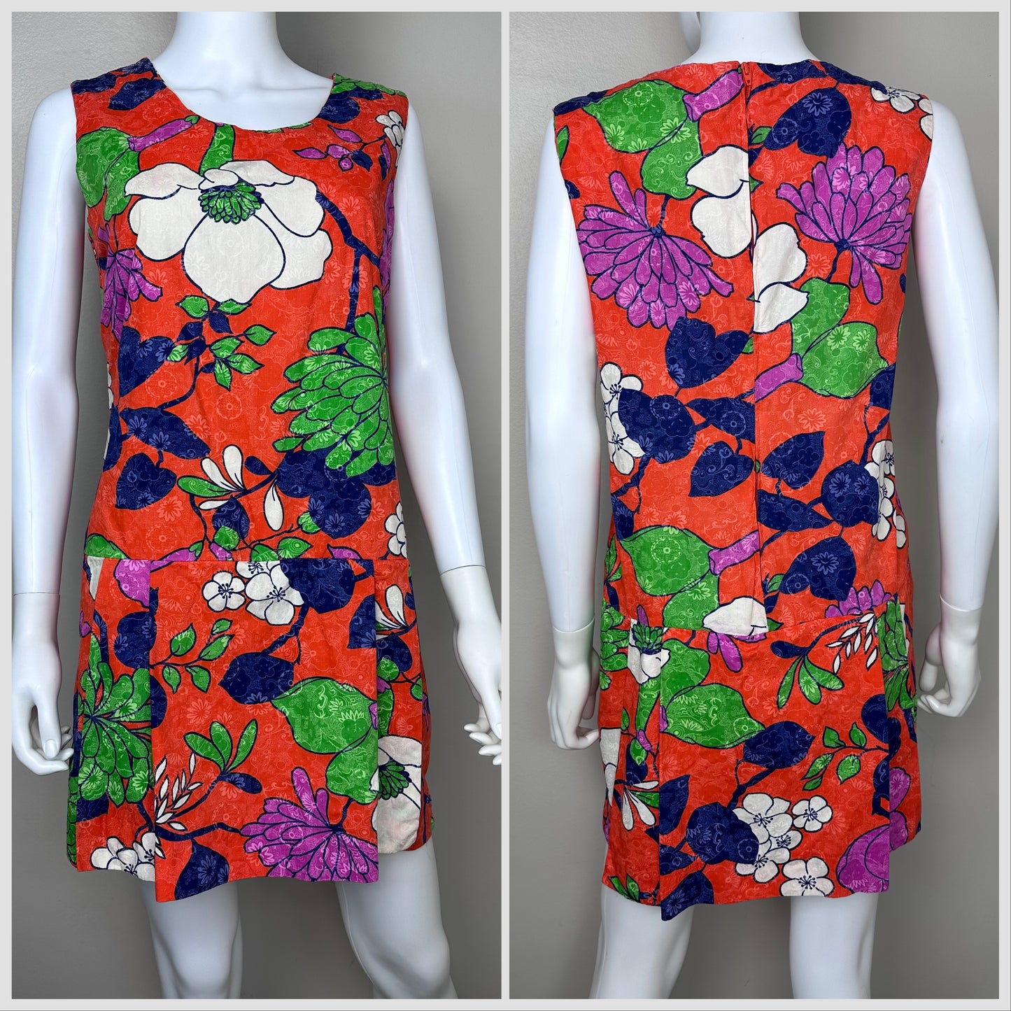 1960s Orange Floral Romper, Size Medium, Skort, Mini Dress