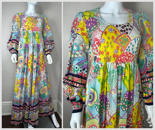 1960s/70s Psychedelic Floral and Hearts Maxi Dress, Size Medium, Border Print