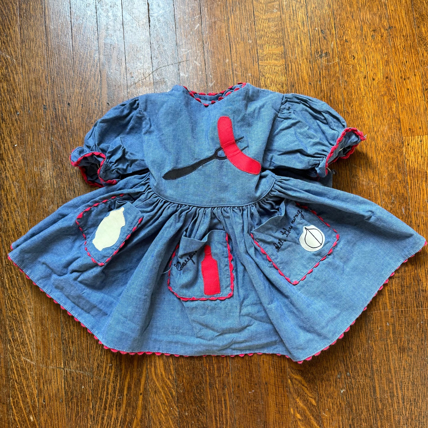 1950s Chambray Baby Dress, Hot Dog BBQ Applique, Full Skirt, Puff Sleeves, Rick Rack, Size 3-6 month