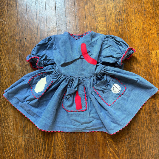 1950s Chambray Baby Dress, Hot Dog BBQ Applique, Full Skirt, Puff Sleeves, Rick Rack, Size 3-6 month