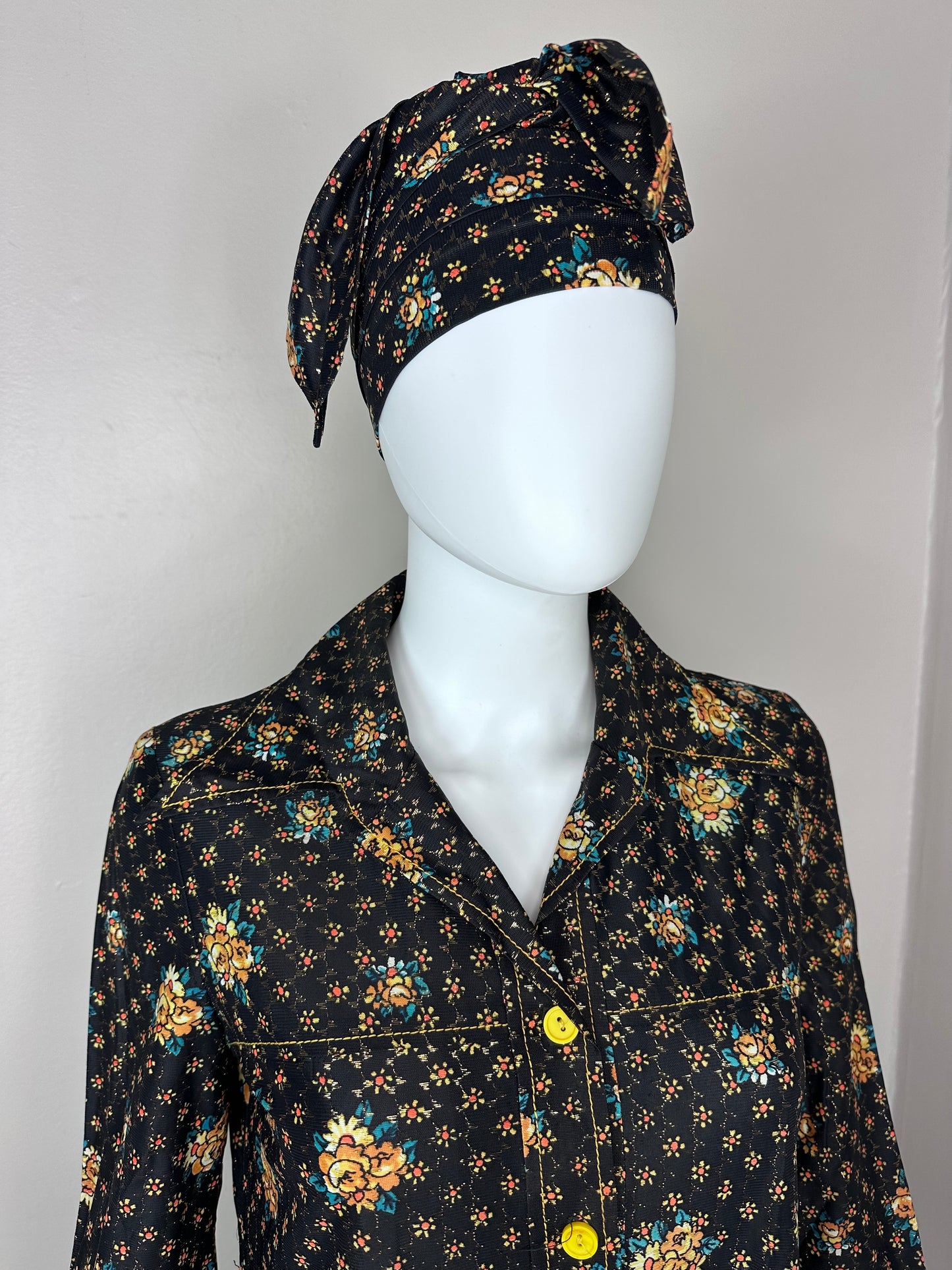 1970s Black Floral Maxi with Gold Lurex Thread, Nancy Valentine Size Medium