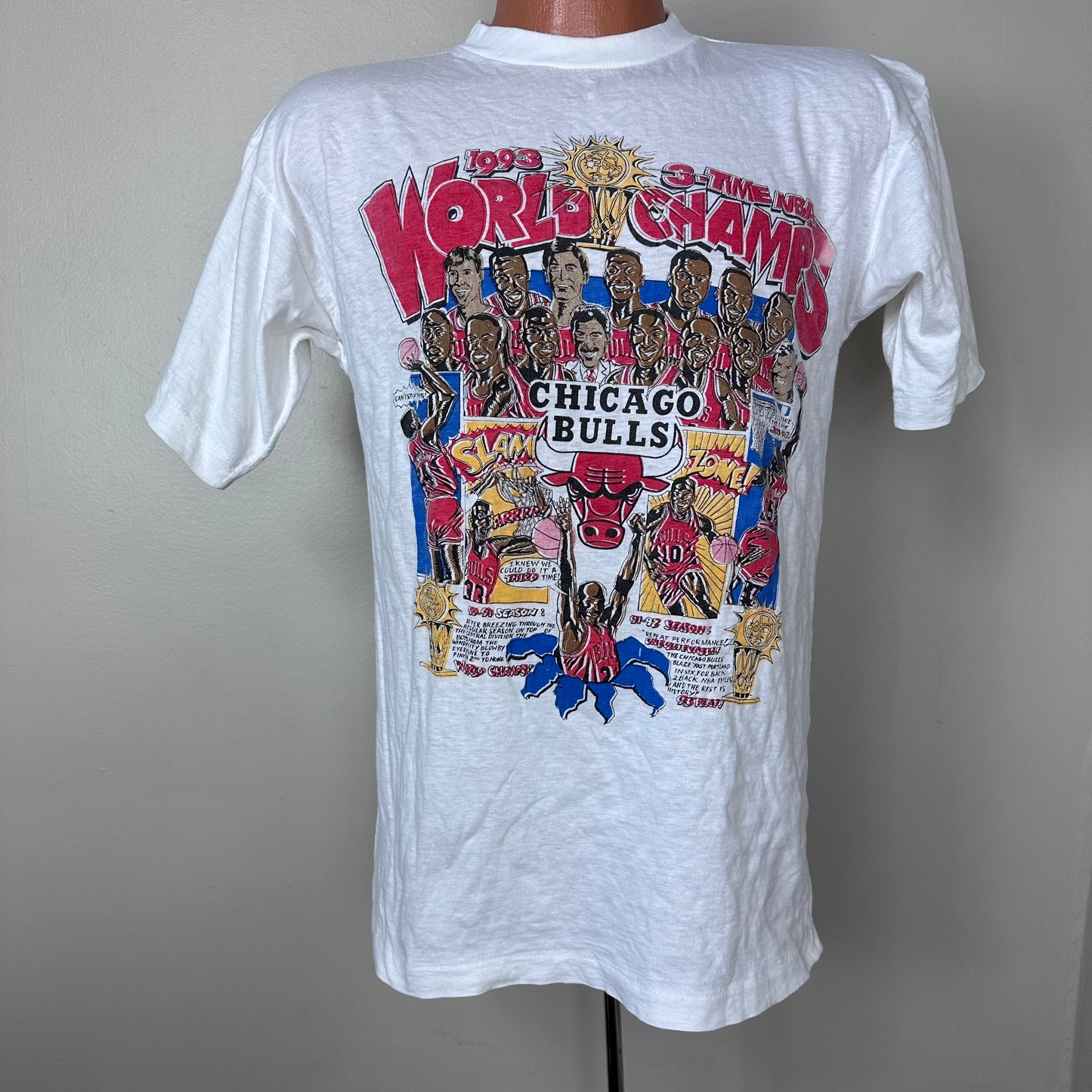 1990s Chicago Bulls T-Shirt, Size Medium, 1993 3-Time NBA World Champs Comic Style