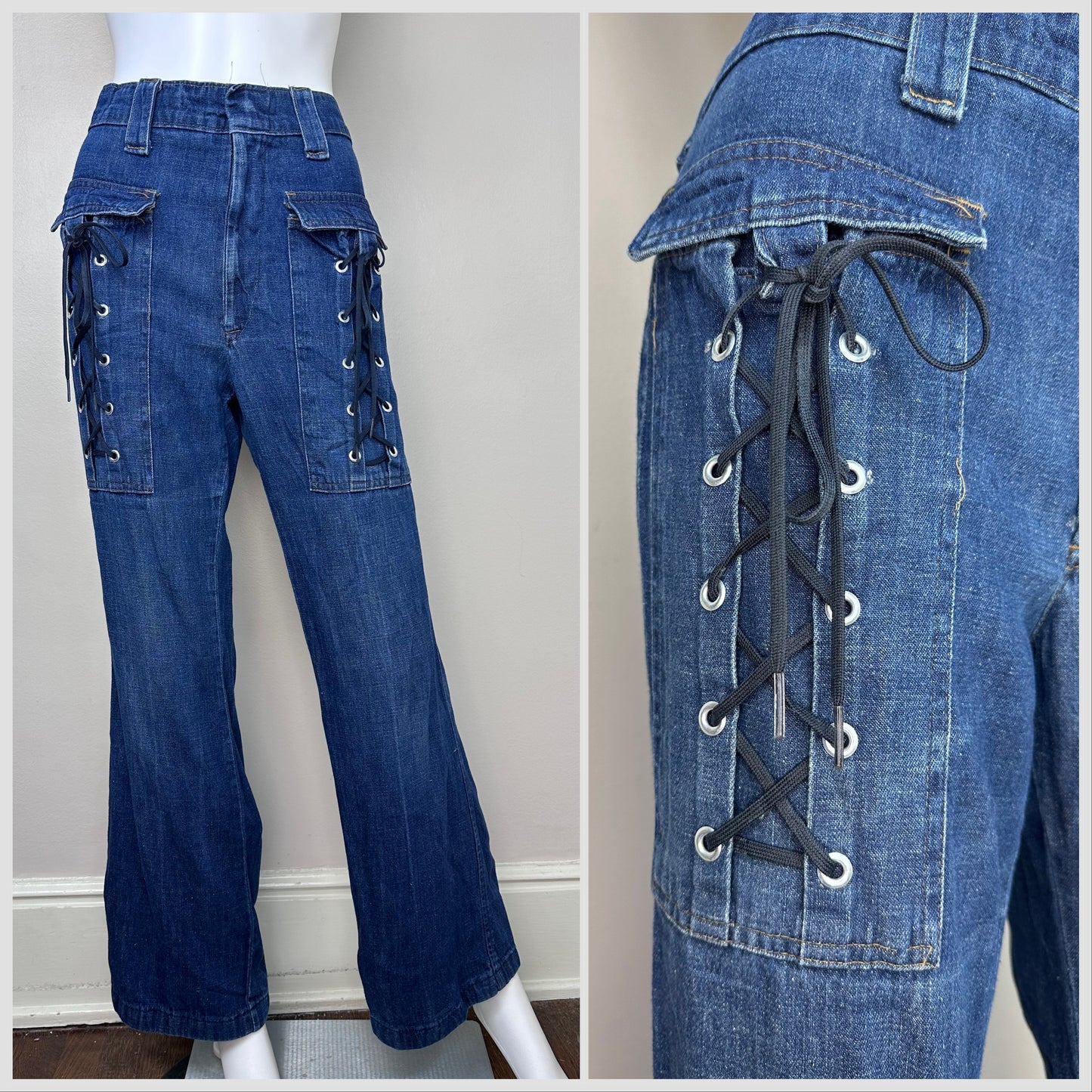 1970s Flare Leg Jeans, Giant Lace Up Pockets, 35x31.5