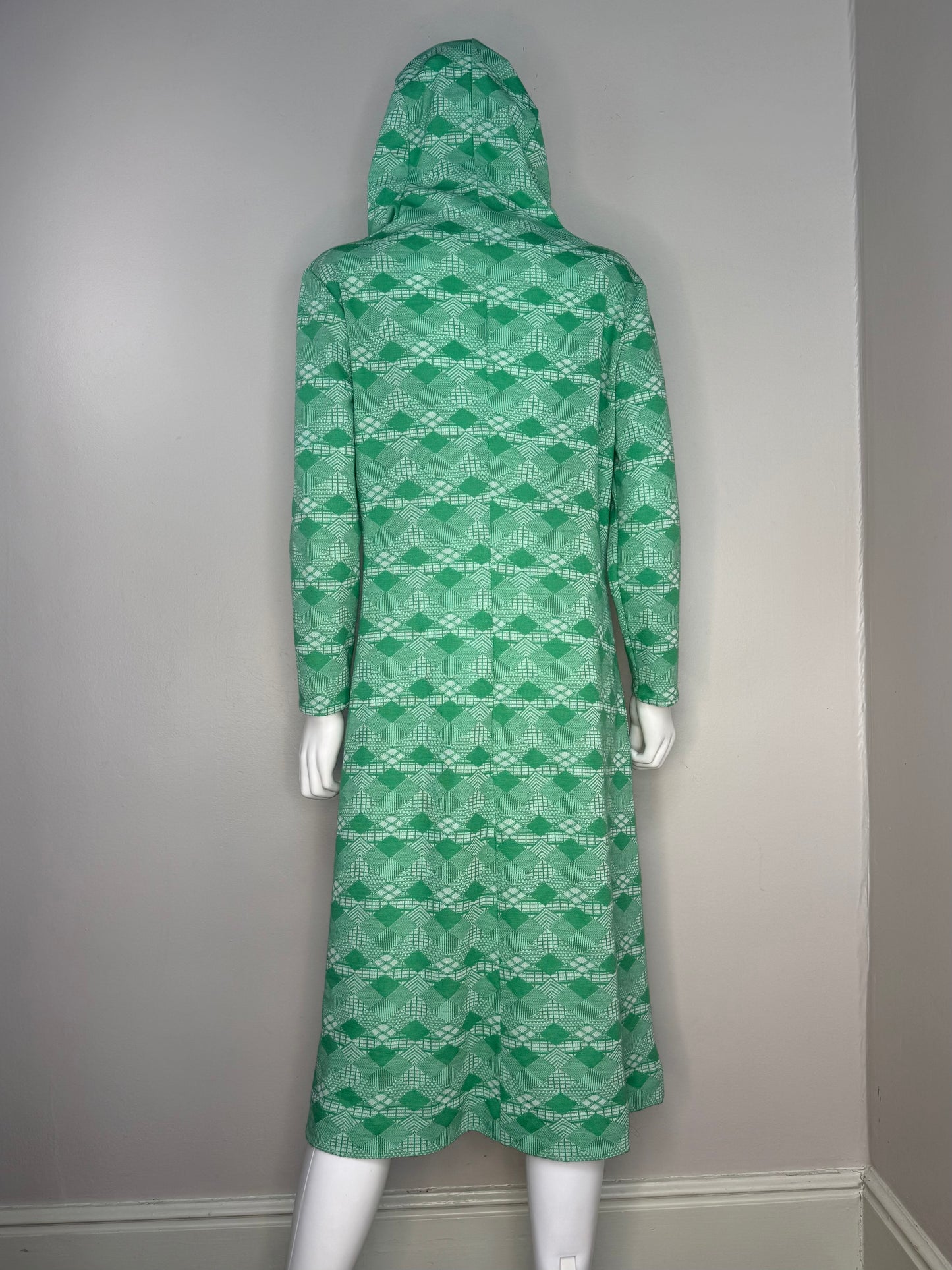 1970s Hooded Lace Up Dress, Size Medium, Green Geometric Polyester Double Knit