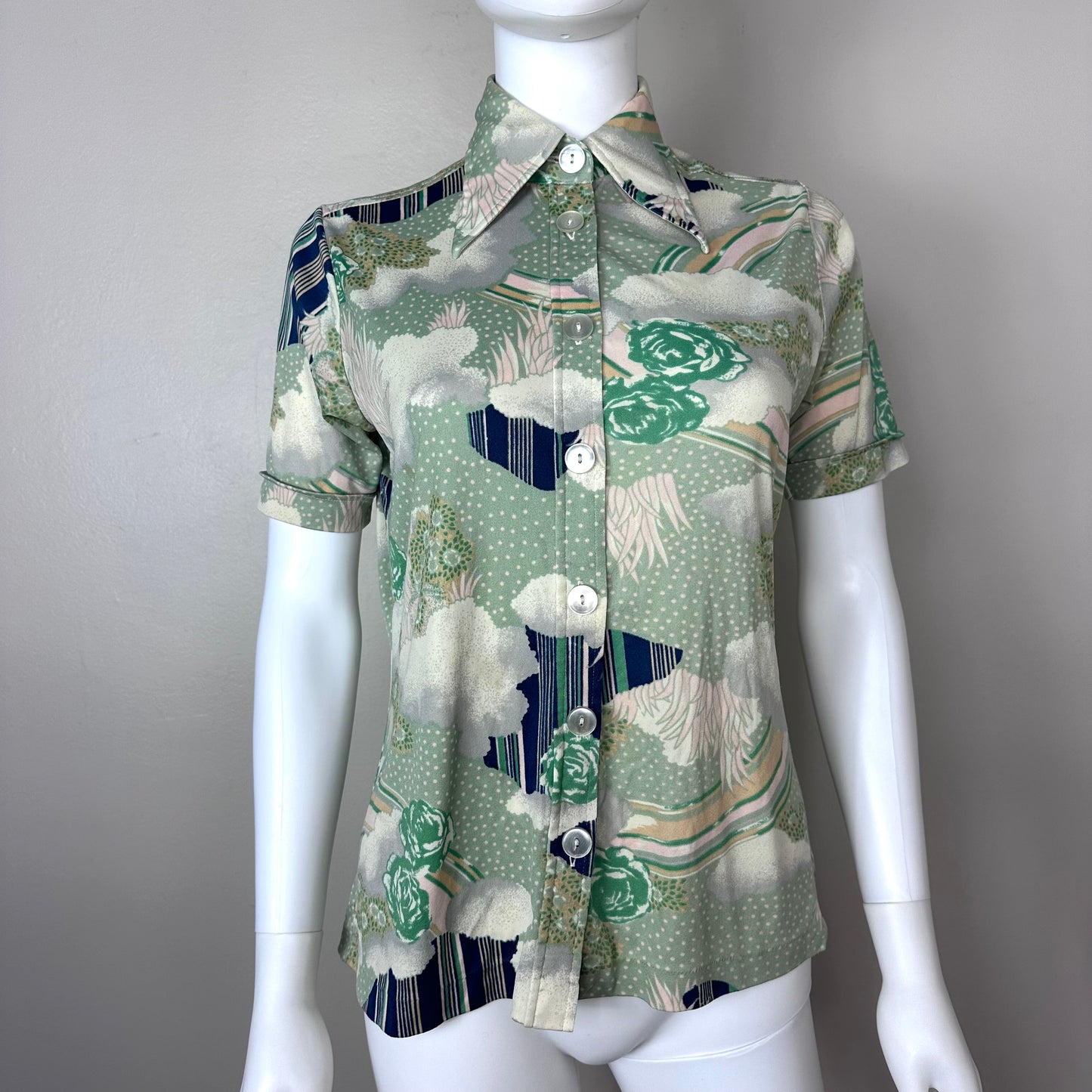 1970s Psychedelic Floral and Rainbow Nylon Short Sleeve Blouse, Golden Rose Size S/M