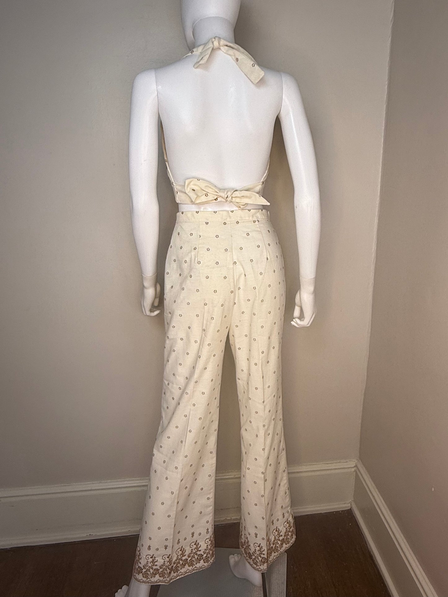 1970s 3 Piece Pant Suit, Cream and Brown Flocked Floral Border Print, Halter Top, Slacks, Asian Inspired Shirt Jacket, JC Penney Fashions Size XS/Small