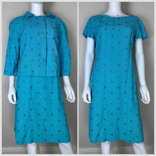 1960s Aqua Blue Suit with Metallic Embroidery, Dress and Jacket, Handmade Size XL