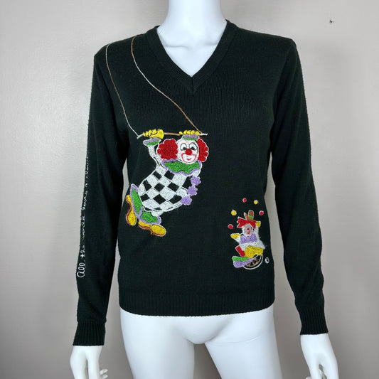 1970s/80s Embroidered Clowns Sweater, Cyn-Les Shirlee Designs Size Large