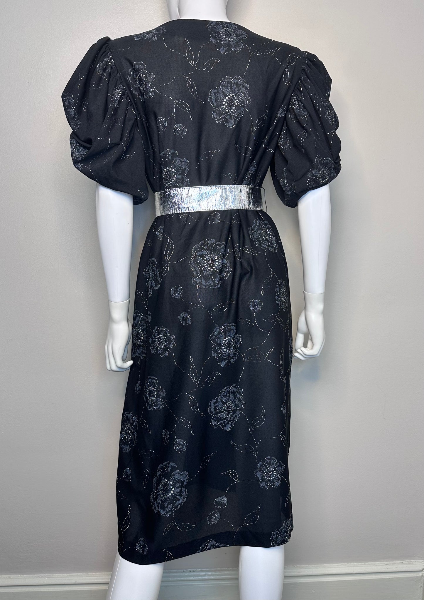 1980s Black Silver Sparkle Floral Dress, Size Large, Puffy Sleeves, Silver Belt