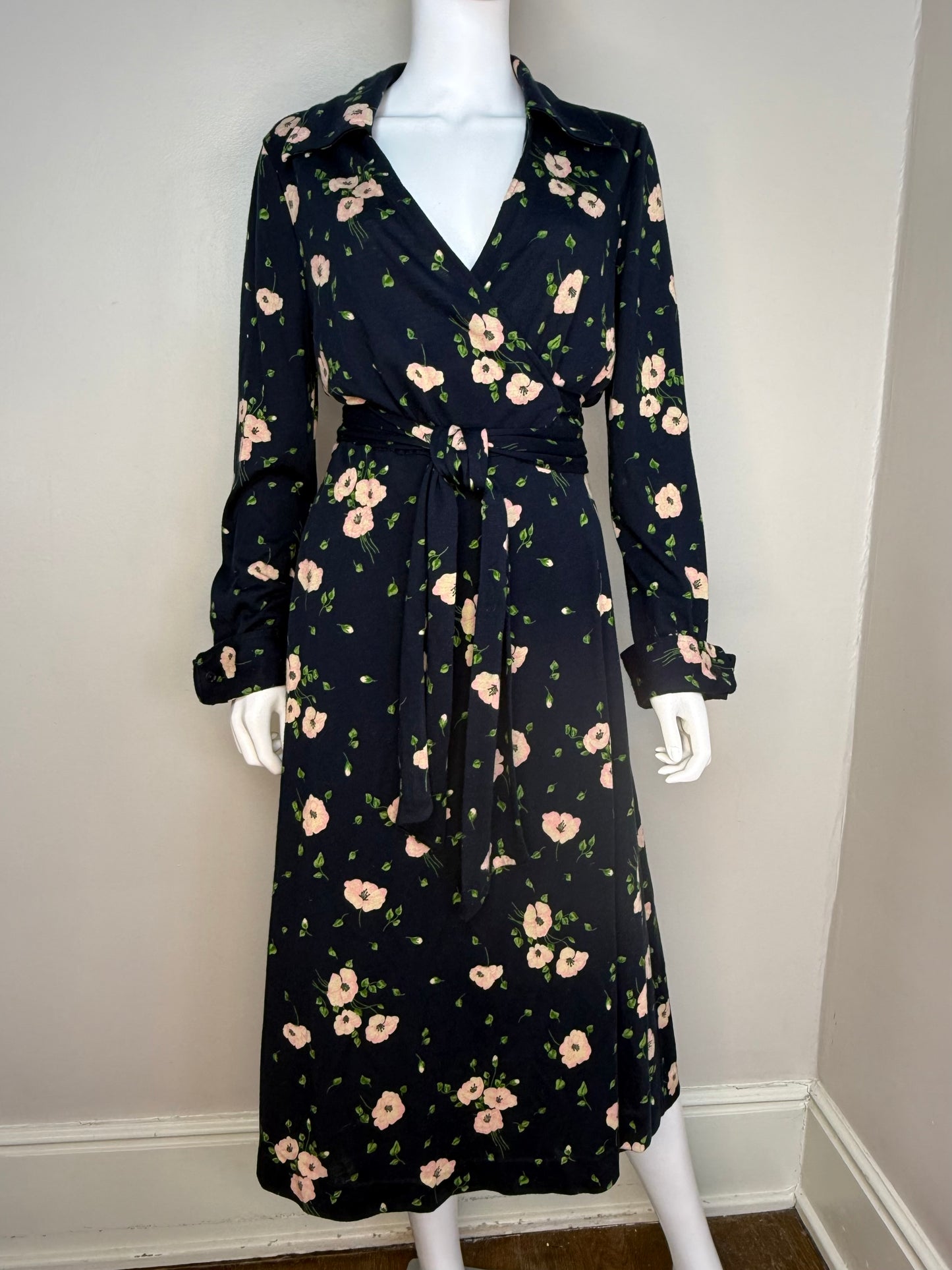 1970s Diane Von Furstenberg Wrap Dress, Navy Blue Floral, Size Medium-Large, Vintage Size 16, Neiman Marcus