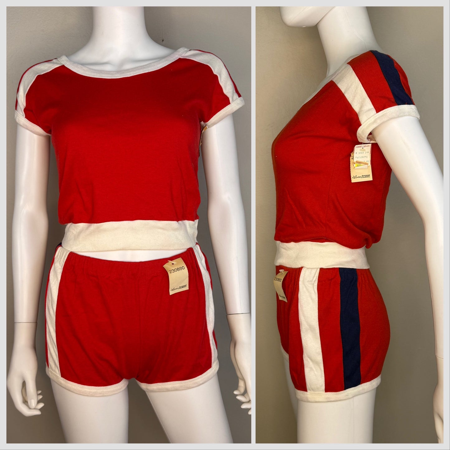 1970s/80s Red Knit Top and Shorts Set with Blue and White Stripes, Size XS-Small, Deadstock