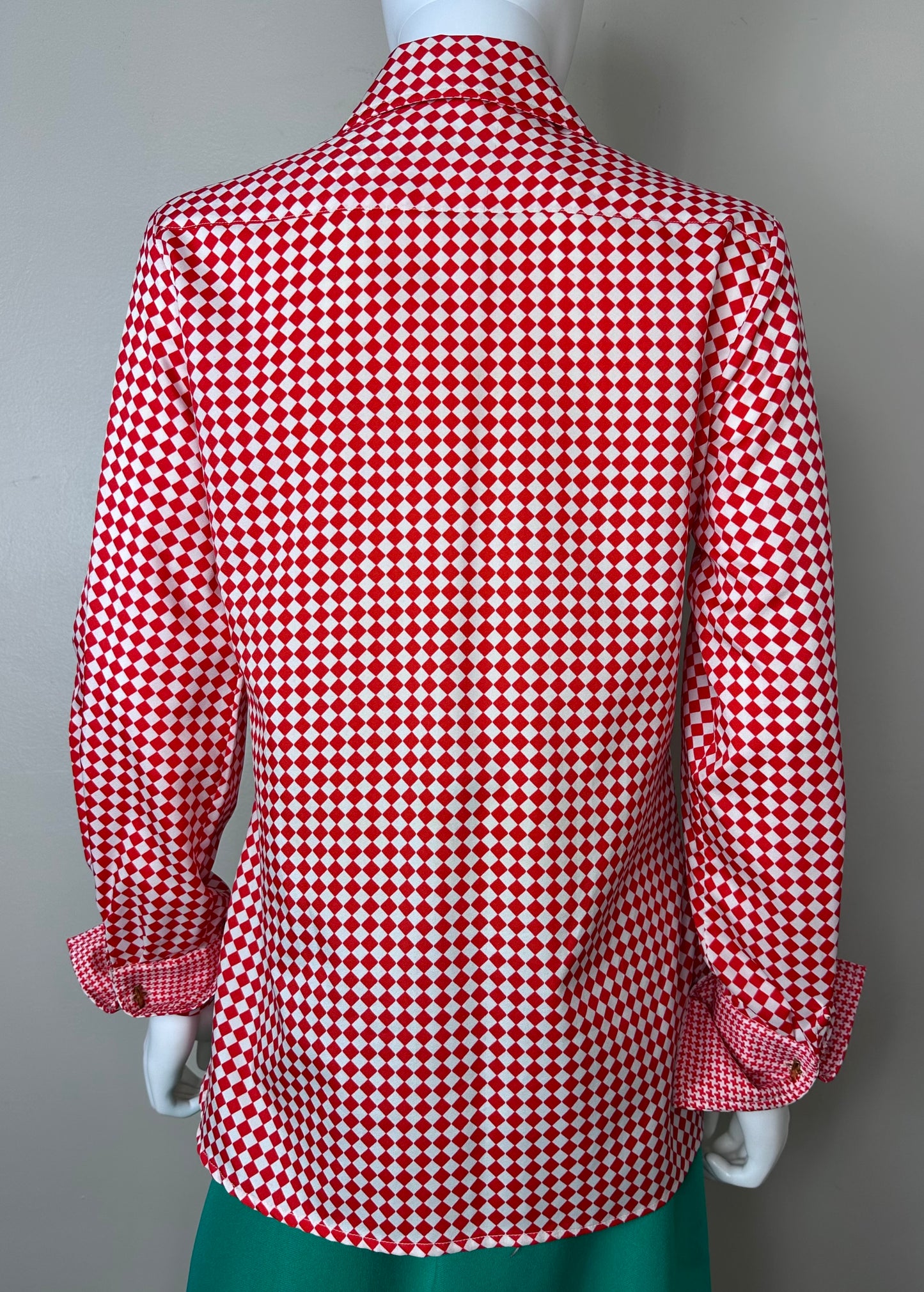 1970s Red and White Check Blouse with Turtle Cufflinks, Adelaar Man Tailored Shirt with French Cuffs size Medium