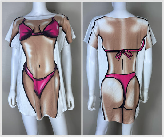 1990s Sexy Lady Bikini Body T-Shirt Tunic, Virtual Realitease Body Tease, Swim Cover Up, Nightgown