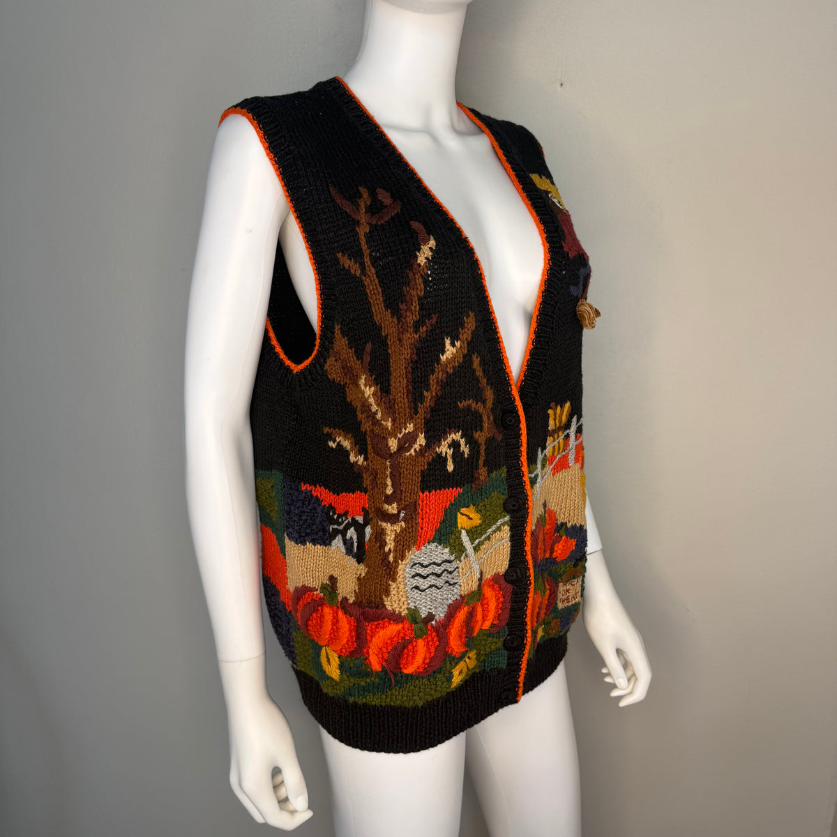1990s Halloween Sweater Vest Cardigan, Boundary Waters Size Large, Haunted House, Witch, Ghost, Spooky Tree