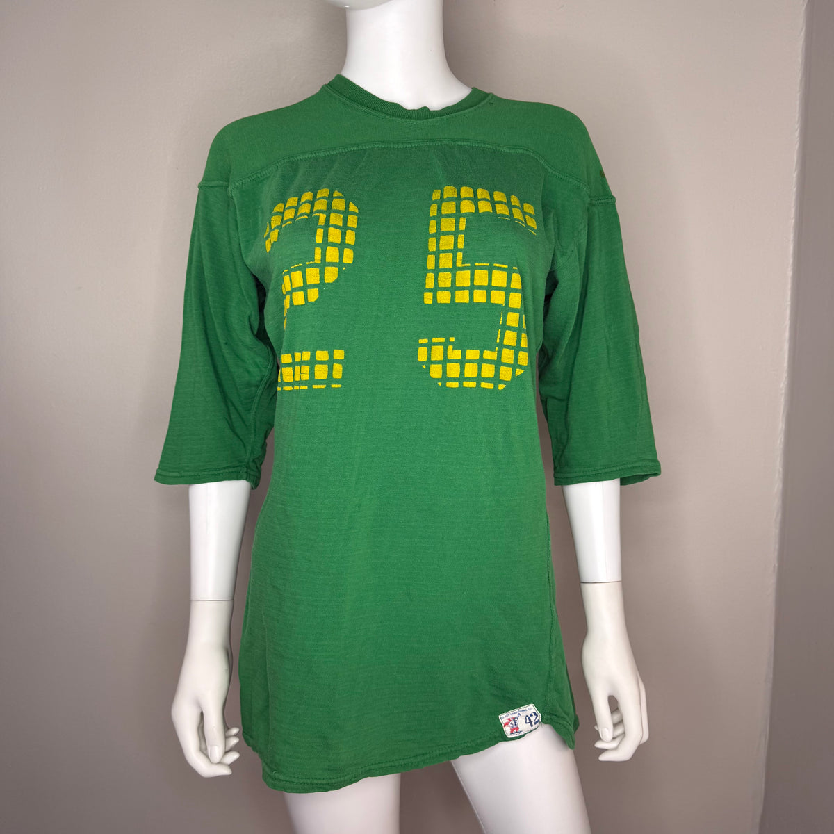 1950s Green Cotton Jersey T-Shirt, Large Yellow Grid Number 25, Red Fox Manufacturing Size 42