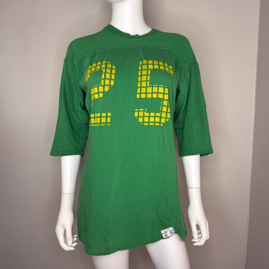 1950s Green Cotton Jersey T-Shirt, Large Yellow Grid Number 25, Red Fox Manufacturing Size 42