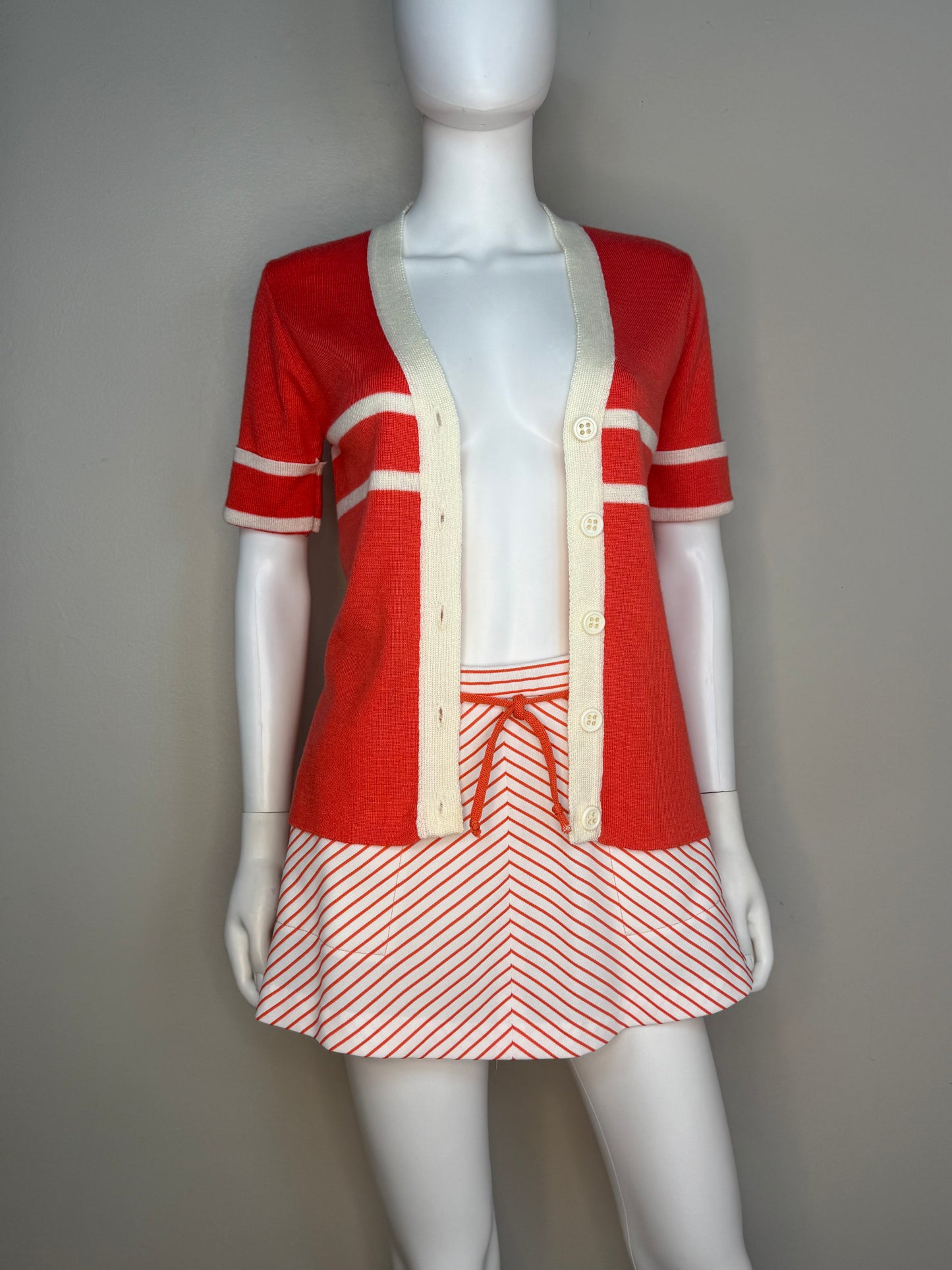 1970s Coral Tennis Skirt and Sweater Set, Stripe Mini Skirt and Short Sleeve Cardigan, Carol Canaan for Top Seed Size Small, Forty Love Tennis Shoppe