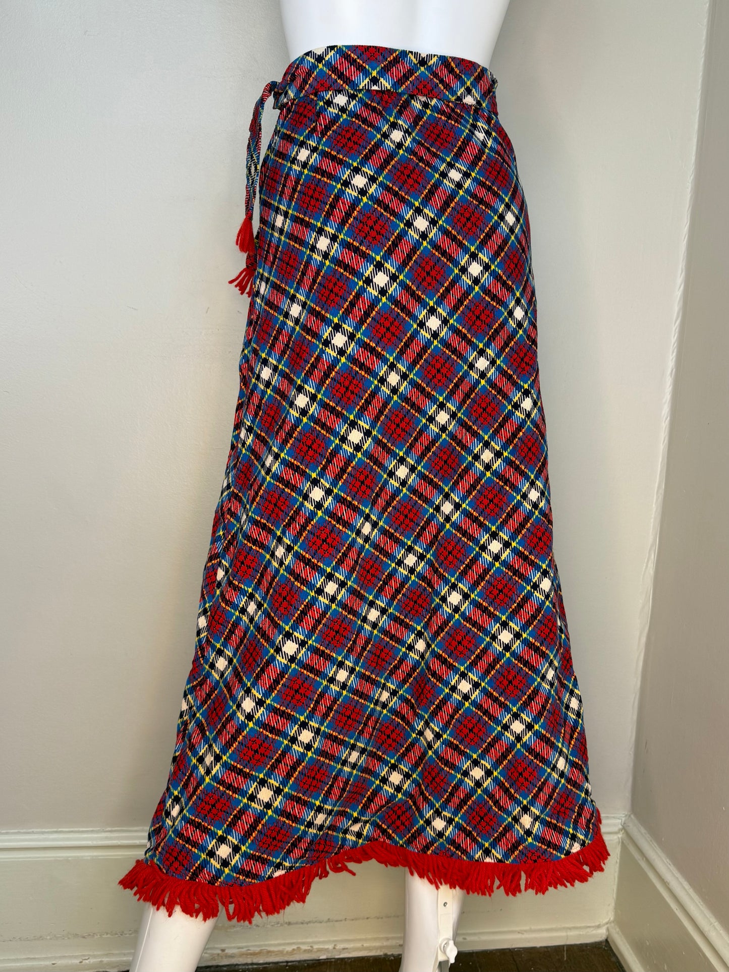 1970s Plaid Corduroy Maxi skirt with Fringe Trim, Flora Ottimer Girls 12/14, Adult XXS