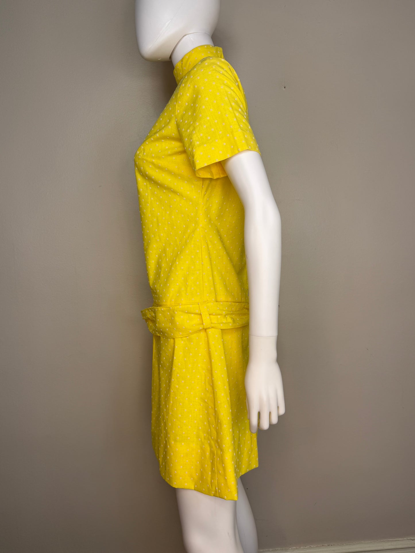 1960s Yellow Swiss Dot Drop Waist Mini Dress, Handmade Size S/M