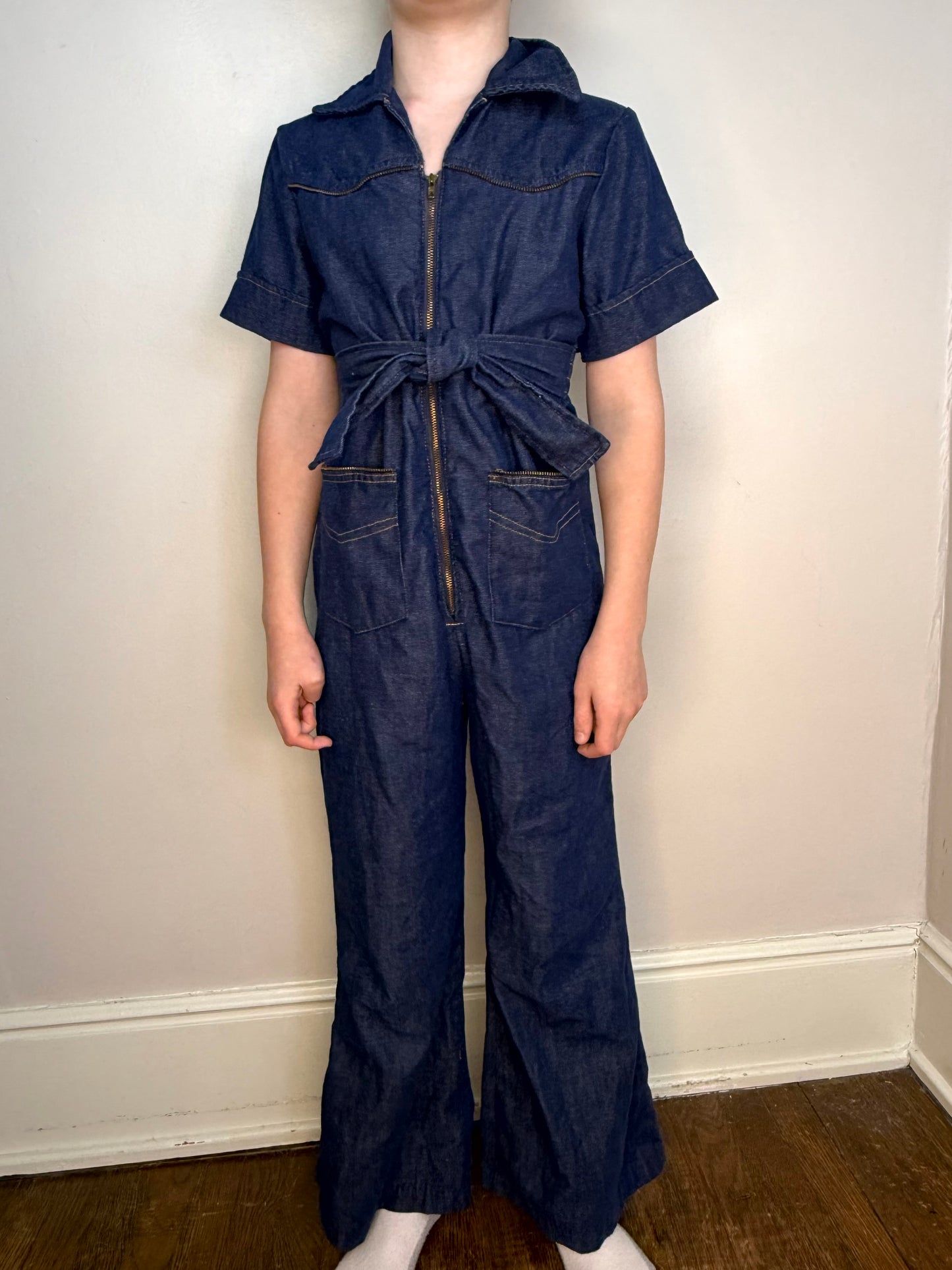 1970s Girl’s Denim Bellbottom Jumpsuit, Sears Growing Girl 10/12, Zip up with Zipper Trim